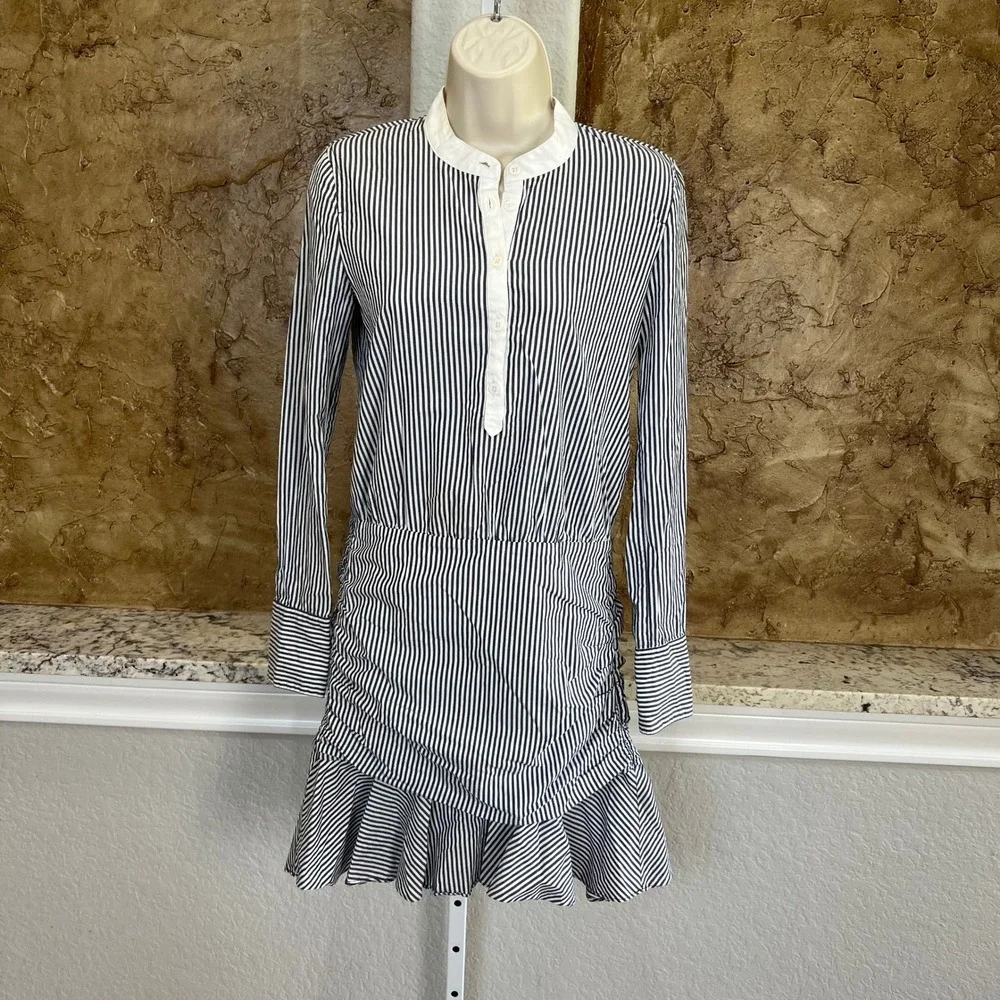 Veronica‎ Beard Jeans XS Blue Striped Everett Dress Ruched Ruffle Mini